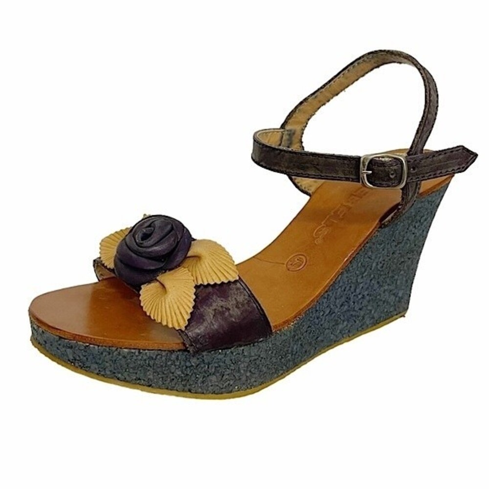 REBELS Denim Blue Leather Strappy Platform Cork Wedge Sandal w/ 3D Leather Rose